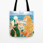 The Italian View, Woman Tiger Travel, Europe Architecture Illustration, Animals Bohemian Tote Bag Gallery Image 1