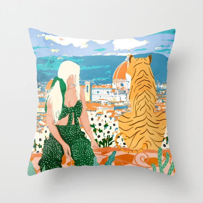 The Italian View, Woman Tiger Travel, Europe Architecture Illustration, Animals Bohemian Throw Pillow Gallery Image 6