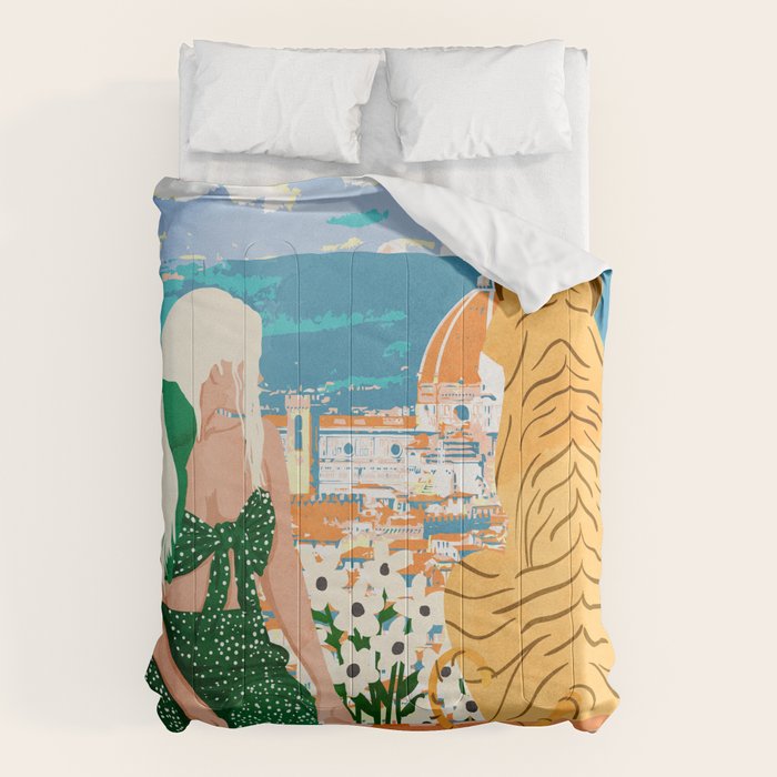The Italian View, Woman Tiger Travel, Europe Architecture Illustration, Animals Bohemian Comforter Gallery Image 6