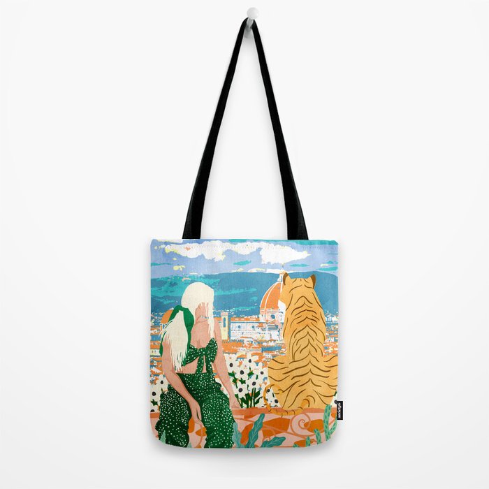 The Italian View, Woman Tiger Travel, Europe Architecture Illustration, Animals Bohemian Tote Bag Gallery Image 2