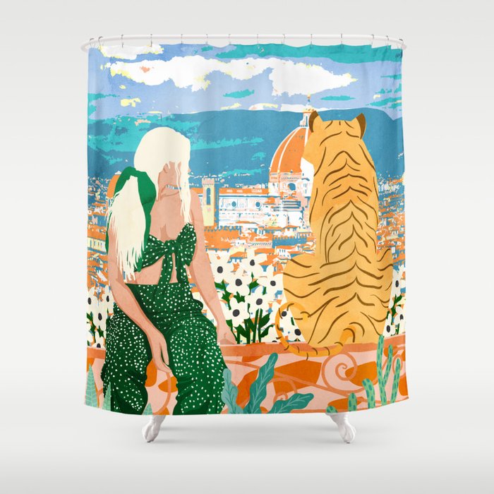 The Italian View, Woman Tiger Travel, Europe Architecture Illustration, Animals Bohemian Shower Curtain Gallery Image 1