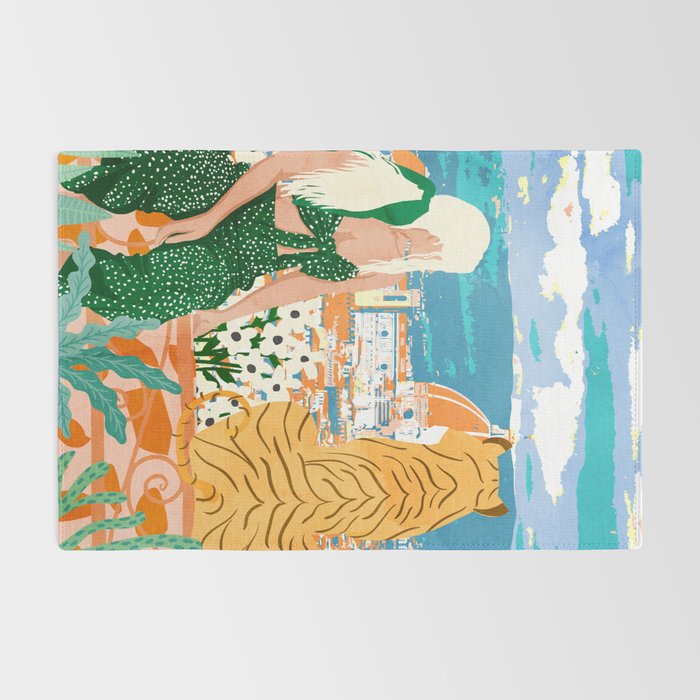 The Italian View, Woman Tiger Travel, Europe Architecture Illustration, Animals Bohemian Rug Gallery Image 2