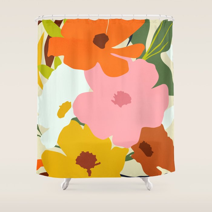 Hello Spring, Floral Nature Pastel Botanical Painting, Bohemian Mid-Century Contemporary Eclectic Plants Garden Shower Curtain Gallery Image 1