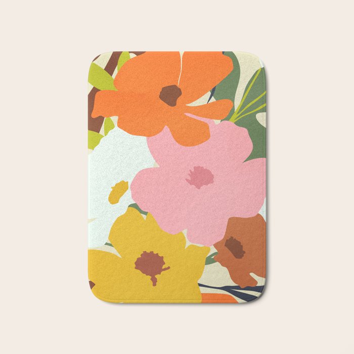 Hello Spring, Floral Nature Pastel Botanical Painting, Bohemian Mid-Century Contemporary Eclectic Plants Garden Bath Mat Gallery Image 1