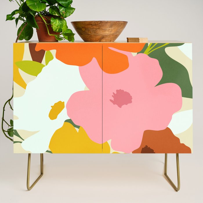 Hello Spring, Floral Nature Pastel Botanical Painting, Bohemian Mid-Century Contemporary Eclectic Plants Garden Credenza Gallery Image 1