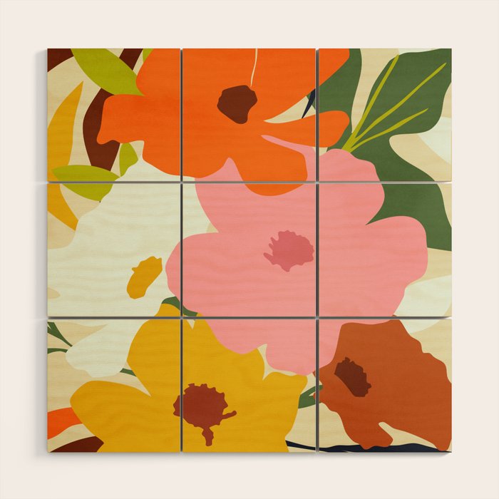 Hello Spring, Floral Nature Pastel Botanical Painting, Bohemian Mid-Century Contemporary Eclectic Plants Garden Wood Wall Art Gallery Image 1