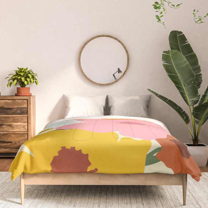 Hello Spring, Floral Nature Pastel Botanical Painting, Bohemian Mid-Century Contemporary Eclectic Plants Garden Comforter Gallery Image 3