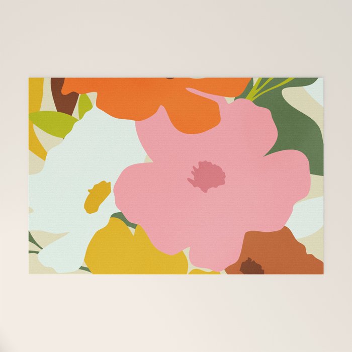 Hello Spring, Floral Nature Pastel Botanical Painting, Bohemian Mid-Century Contemporary Eclectic Plants Garden Welcome Mat Gallery Image 1