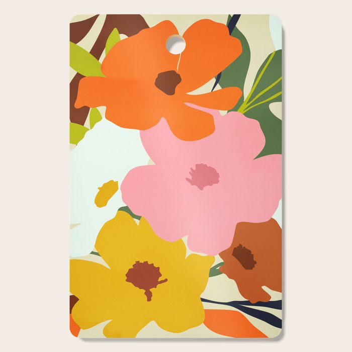 Hello Spring, Floral Nature Pastel Botanical Painting, Bohemian Mid-Century Contemporary Eclectic Plants Garden Cutting Board Gallery Image 1