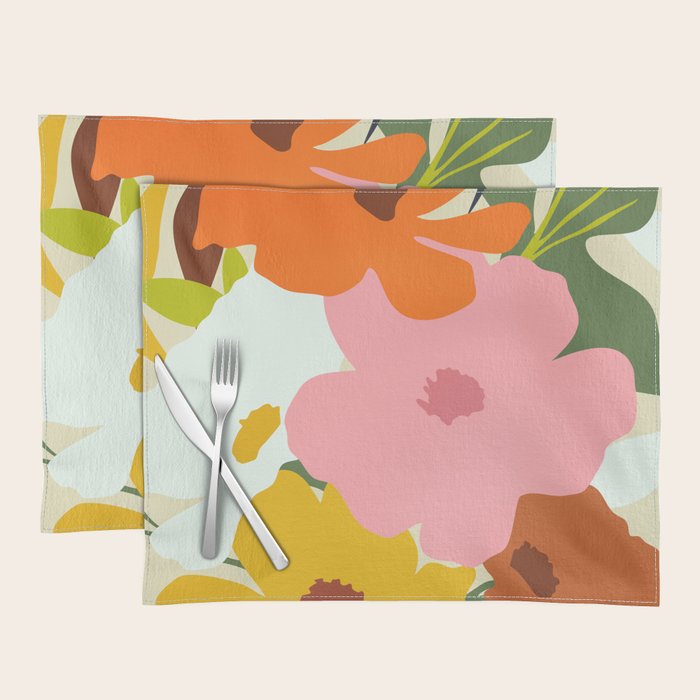 Hello Spring, Floral Nature Pastel Botanical Painting, Bohemian Mid-Century Contemporary Eclectic Plants Garden Placemat Gallery Image 1