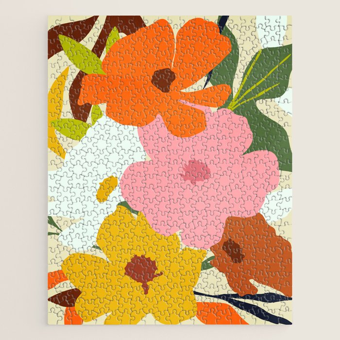 Hello Spring, Floral Nature Pastel Botanical Painting, Bohemian Mid-Century Contemporary Eclectic Plants Garden Jigsaw Puzzle Gallery Image 1
