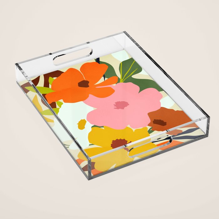 Hello Spring, Floral Nature Pastel Botanical Painting, Bohemian Mid-Century Contemporary Eclectic Plants Garden Acrylic Tray Gallery Image 1