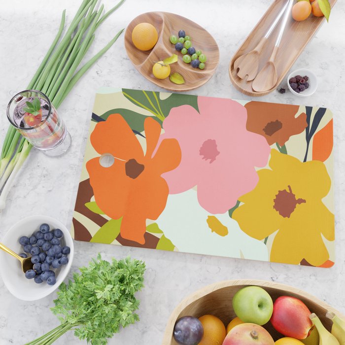 Hello Spring, Floral Nature Pastel Botanical Painting, Bohemian Mid-Century Contemporary Eclectic Plants Garden Cutting Board Gallery Image 2
