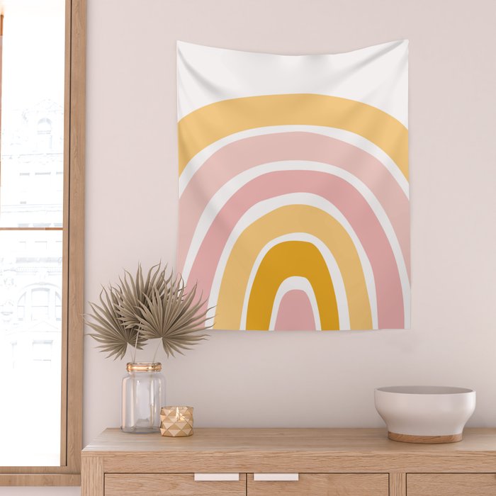 Abstract Shapes 94 in Mustard Yellow and Pale Pink (Rainbow Abstraction) Wall Tapestry Gallery Image 2