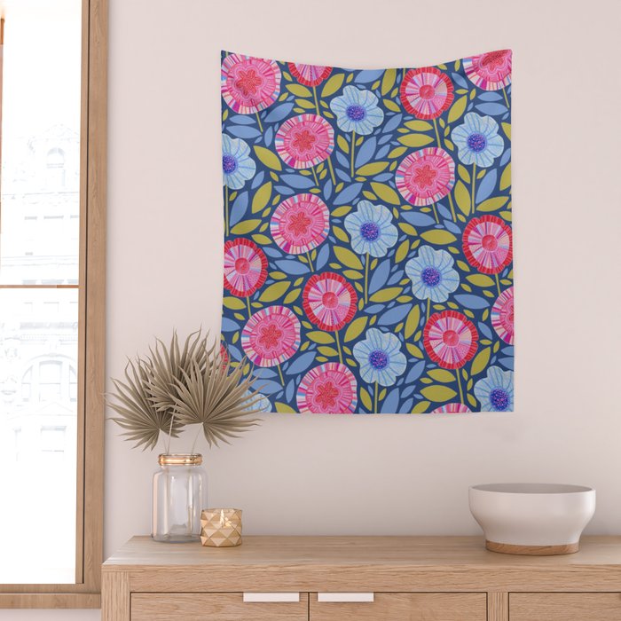 Folk Floral Blossoms in Eggplant Purple Wall Tapestry Gallery Image 2