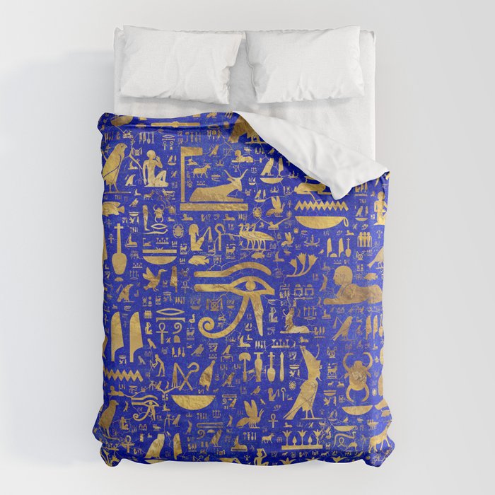 Ancient Egyptian hieroglyphs -Lapis Lazuli and Gold Duvet Cover Gallery Image 1