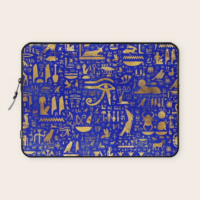 Ancient Egyptian hieroglyphs -Lapis Lazuli and Gold Laptop Sleeve Gallery Image 1