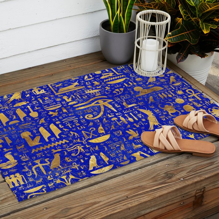 Ancient Egyptian hieroglyphs -Lapis Lazuli and Gold Outdoor Rug Gallery Image 2
