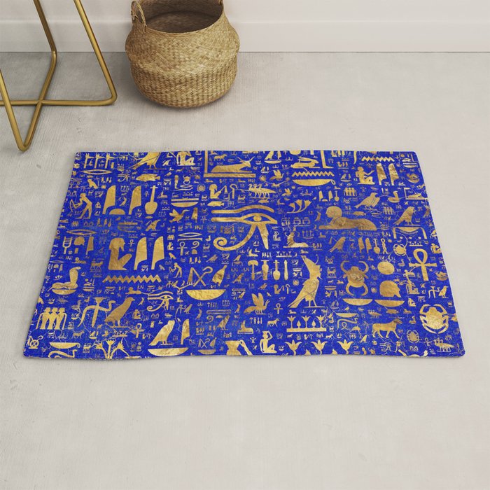 Ancient Egyptian hieroglyphs -Lapis Lazuli and Gold Rug Gallery Image 1