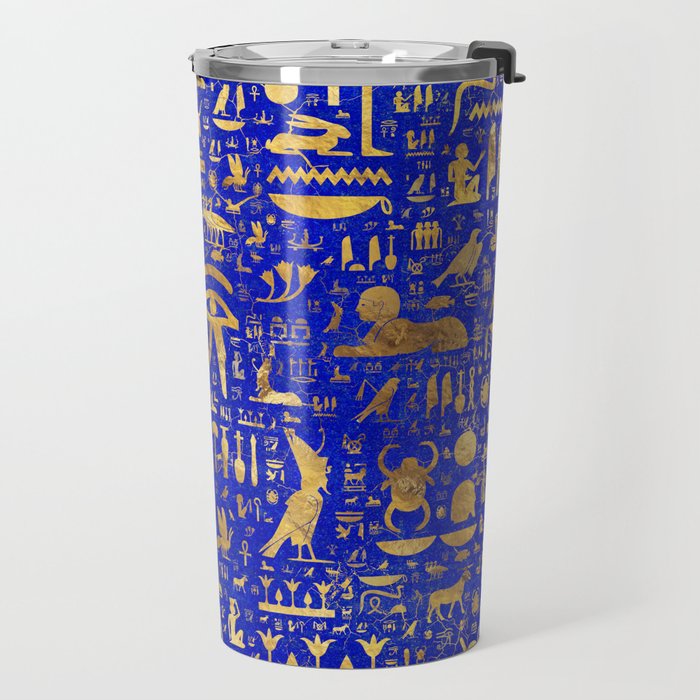 Ancient Egyptian hieroglyphs -Lapis Lazuli and Gold Travel Mug Gallery Image 2