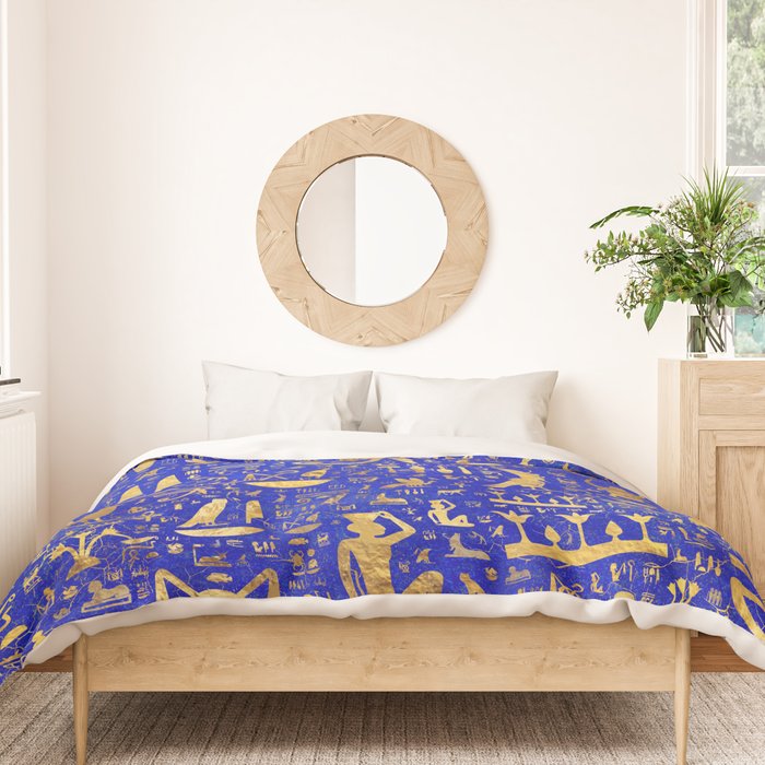 Ancient Egyptian hieroglyphs -Lapis Lazuli and Gold Duvet Cover Gallery Image 3
