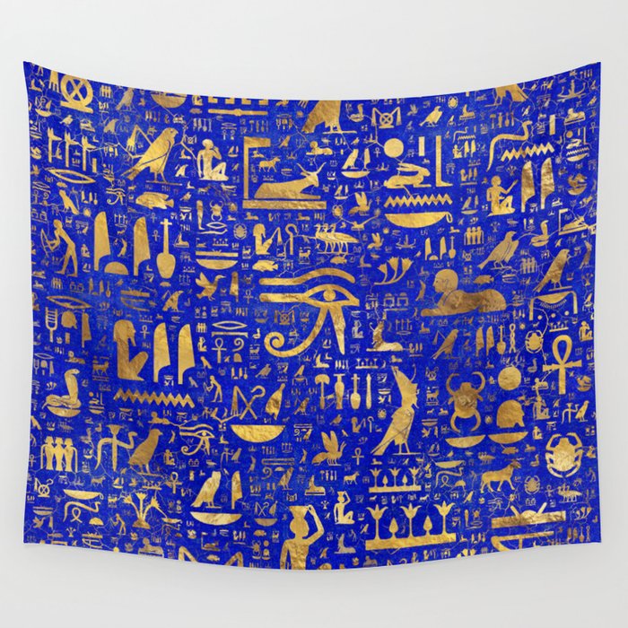 Ancient Egyptian hieroglyphs -Lapis Lazuli and Gold Wall Tapestry