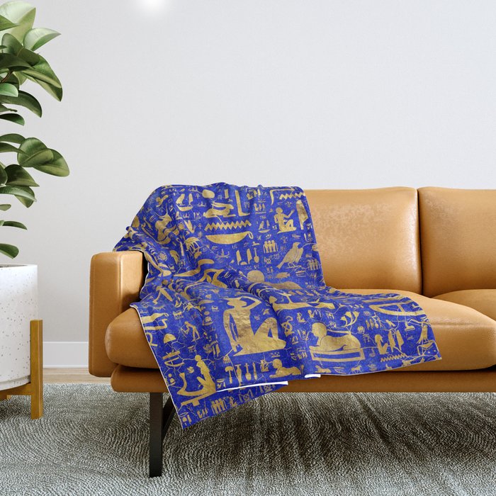 Ancient Egyptian hieroglyphs -Lapis Lazuli and Gold Throw Blanket Gallery Image 1