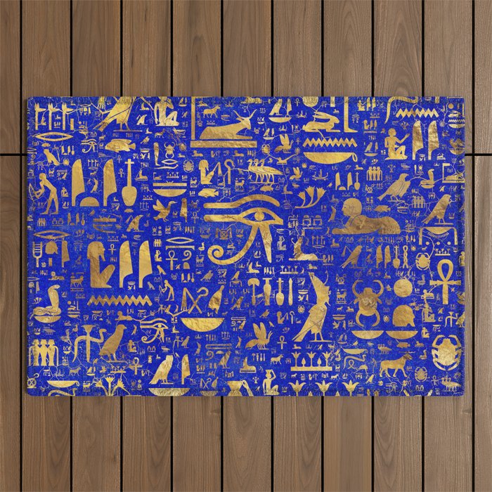 Ancient Egyptian hieroglyphs -Lapis Lazuli and Gold Outdoor Rug Gallery Image 1