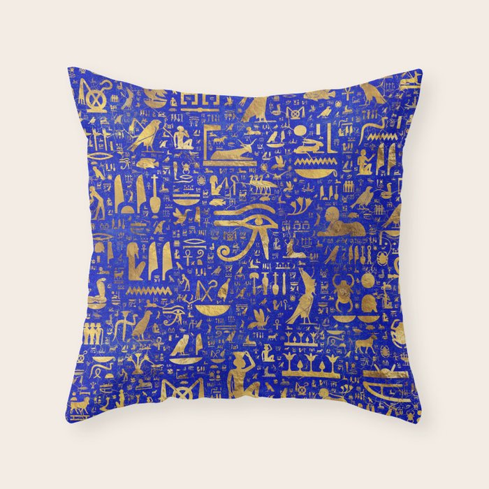 Ancient Egyptian hieroglyphs -Lapis Lazuli and Gold Throw Pillow Gallery Image 6