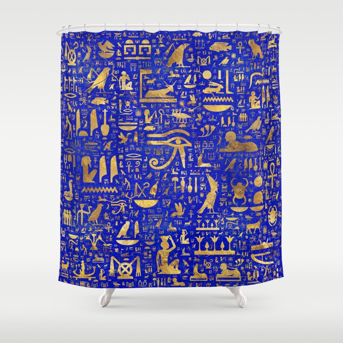 Ancient Egyptian hieroglyphs -Lapis Lazuli and Gold Shower Curtain Gallery Image 1