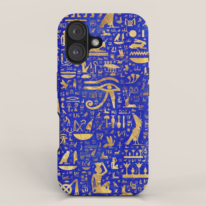 Ancient Egyptian hieroglyphs -Lapis Lazuli and Gold iPhone Case Gallery Image 1