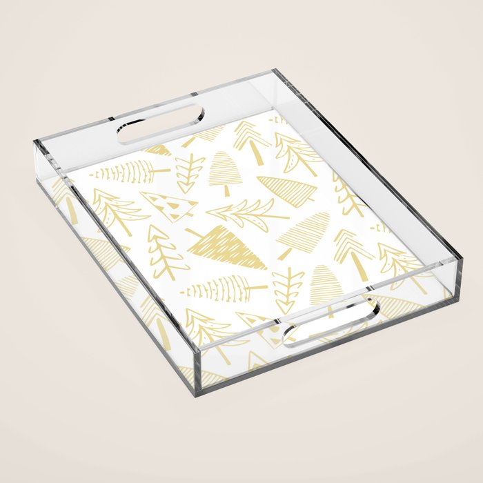 Goldd christmas pine tree doodle pattern Acrylic Tray Gallery Image 1