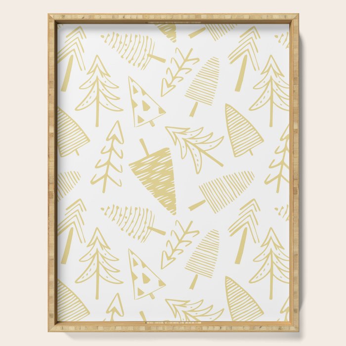 Goldd christmas pine tree doodle pattern Serving Tray Gallery Image 1