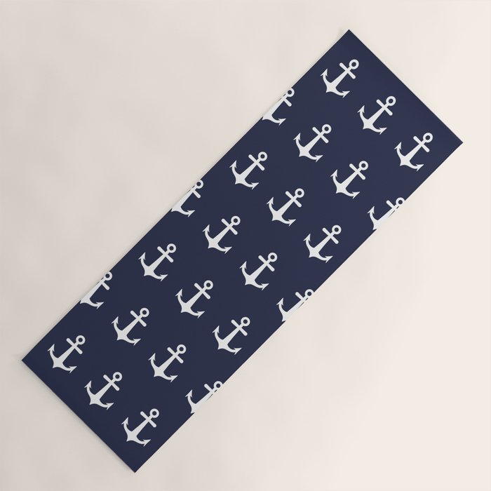 Nautical Navy Blue and White Anchors Yoga Mat Gallery Image 1