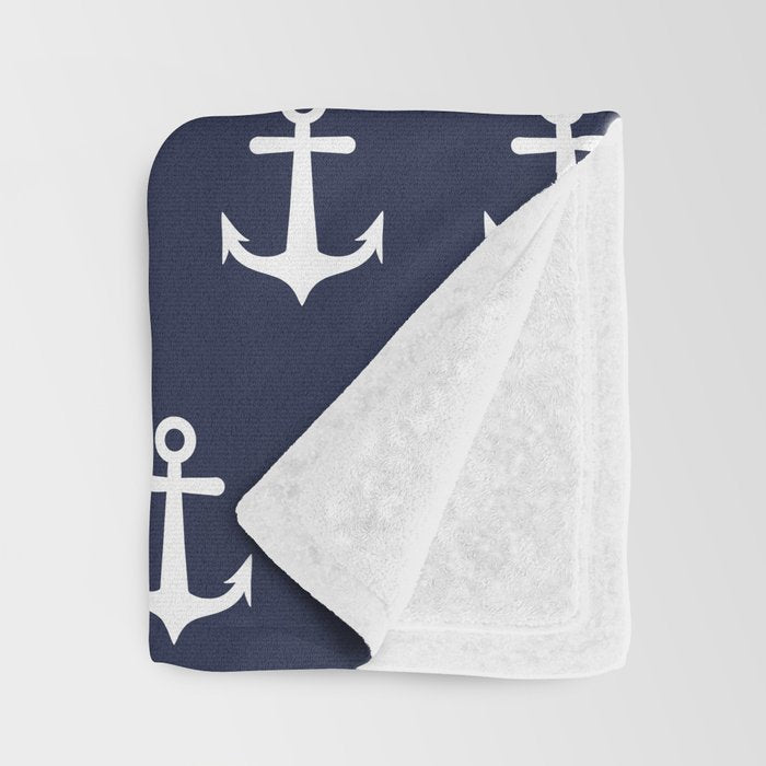 Nautical Navy Blue and White Anchors Throw Blanket Gallery Image 3
