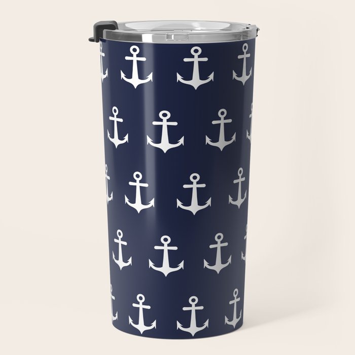 Nautical Navy Blue and White Anchors Travel Mug Gallery Image 3