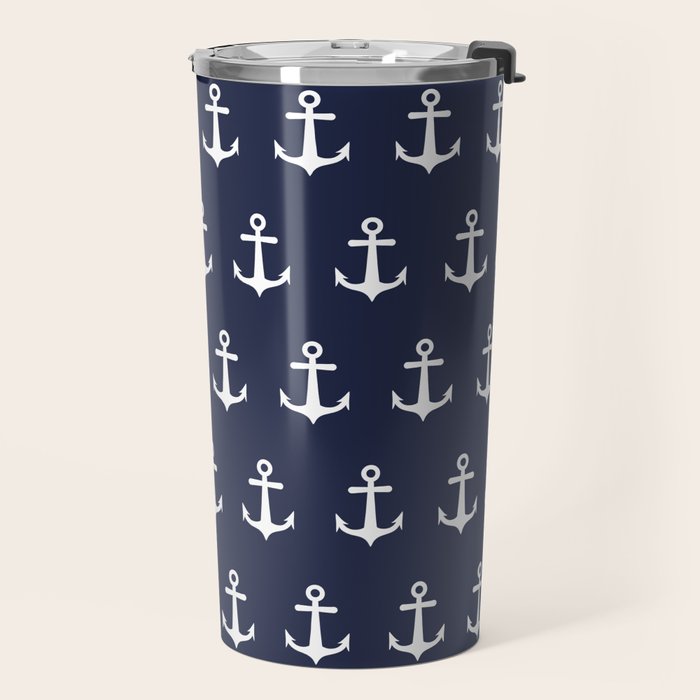 Nautical Navy Blue and White Anchors Travel Mug Gallery Image 2