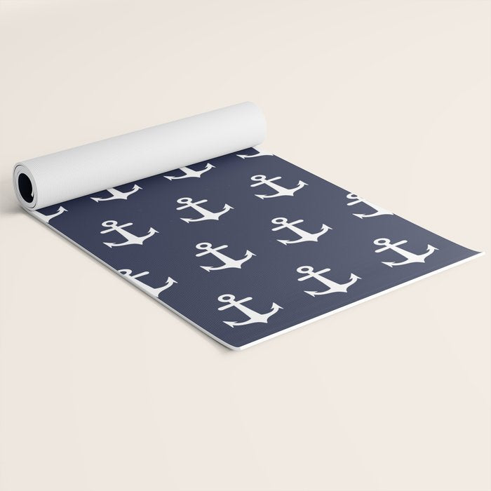 Nautical Navy Blue and White Anchors Yoga Mat Gallery Image 2