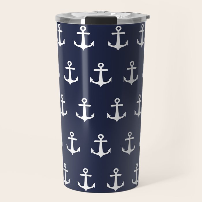 Nautical Navy Blue and White Anchors Travel Mug Gallery Image 1
