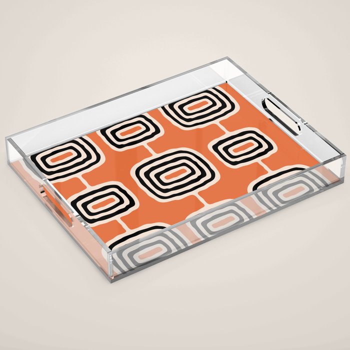 Mid Century Modern Atomic Rings Pattern 239 Black Beige and Orange Acrylic Tray Gallery Image 1