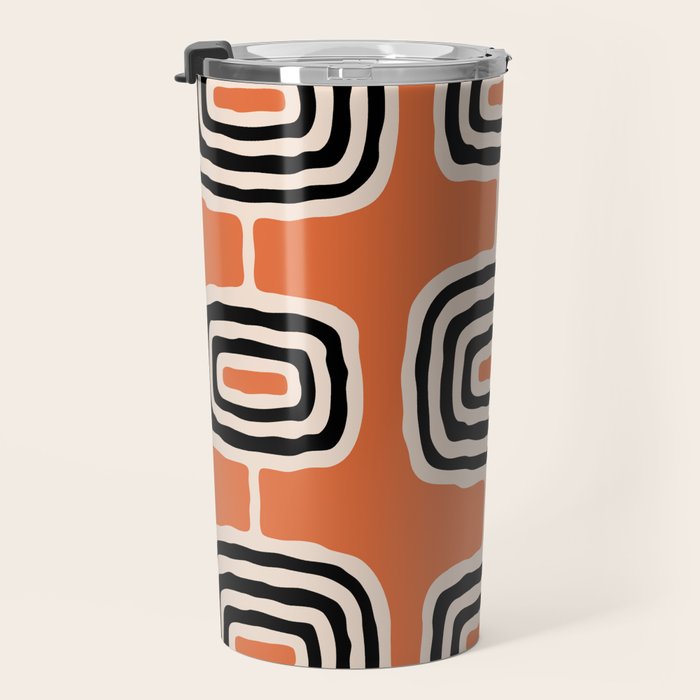 Mid Century Modern Atomic Rings Pattern 239 Black Beige and Orange Travel Mug Gallery Image 3
