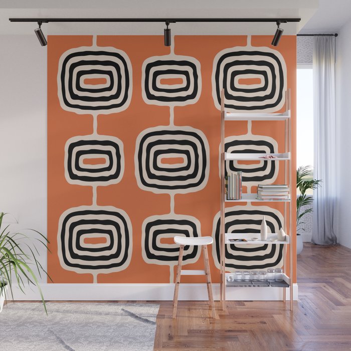 Mid Century Modern Atomic Rings Pattern 239 Black Beige and Orange Wall Mural Gallery Image 1