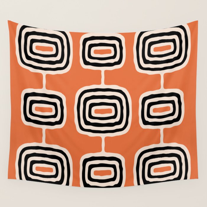Mid Century Modern Atomic Rings Pattern 239 Black Beige and Orange Wall Tapestry Gallery Image 1