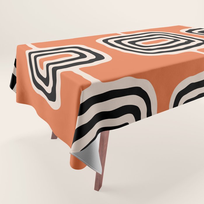 Mid Century Modern Atomic Rings Pattern 239 Black Beige and Orange Tablecloth Gallery Image 1
