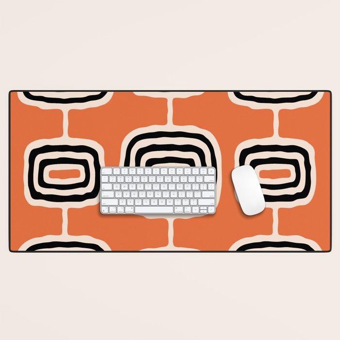 Mid Century Modern Atomic Rings Pattern 239 Black Beige and Orange Desk Mat Gallery Image 1