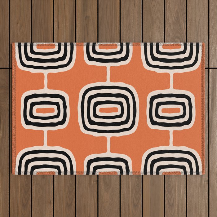 Mid Century Modern Atomic Rings Pattern 239 Black Beige and Orange Outdoor Rug Gallery Image 1