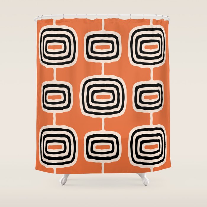 Mid Century Modern Atomic Rings Pattern 239 Black Beige and Orange Shower Curtain Gallery Image 1