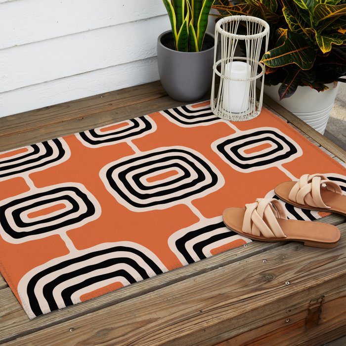 Mid Century Modern Atomic Rings Pattern 239 Black Beige and Orange Outdoor Rug Gallery Image 2