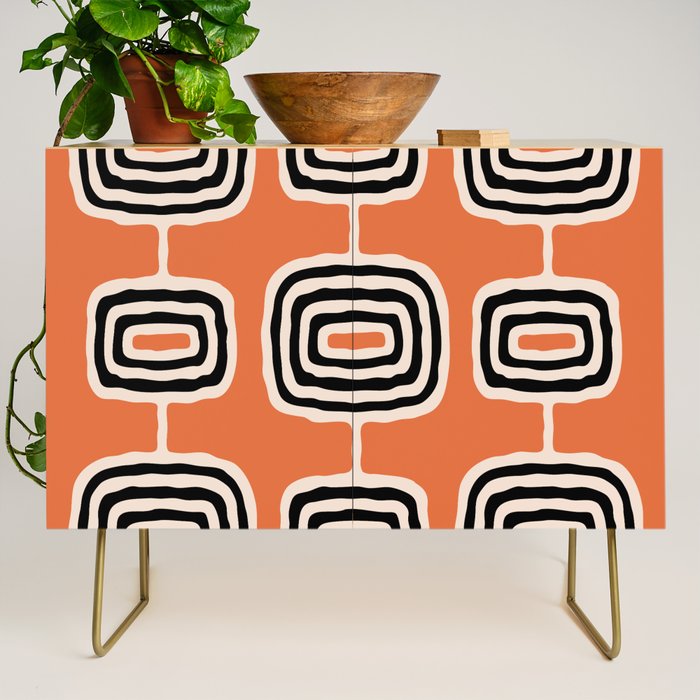 Mid Century Modern Atomic Rings Pattern 239 Black Beige and Orange Credenza Gallery Image 1