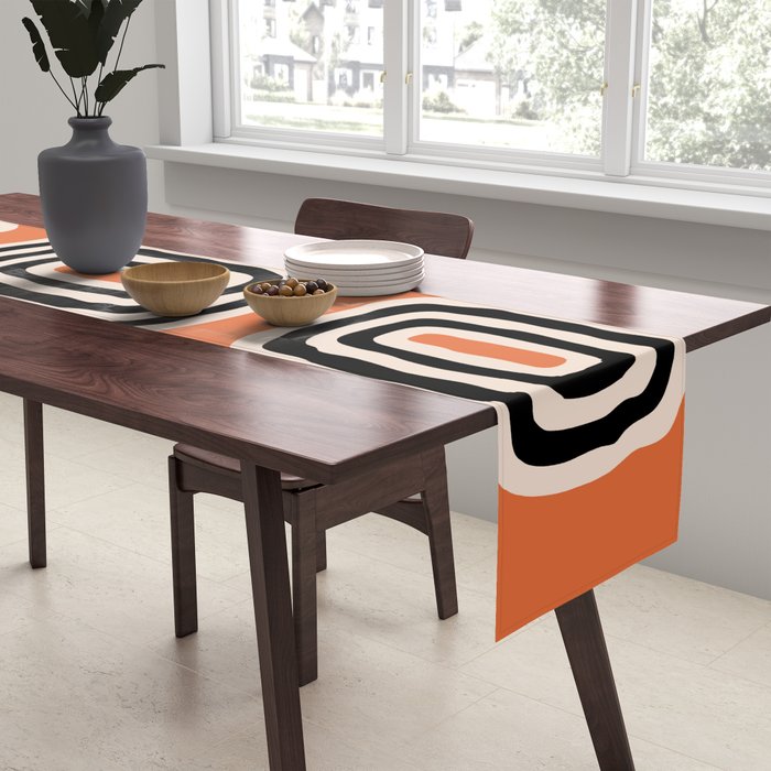 Mid Century Modern Atomic Rings Pattern 239 Black Beige and Orange Table Runner Gallery Image 2